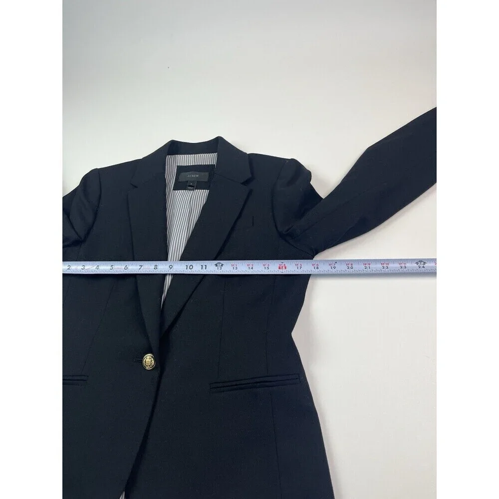 J Crew Wool Blazer Size 6 Black Gold Crest Buttons Striped Lining Preppy Office